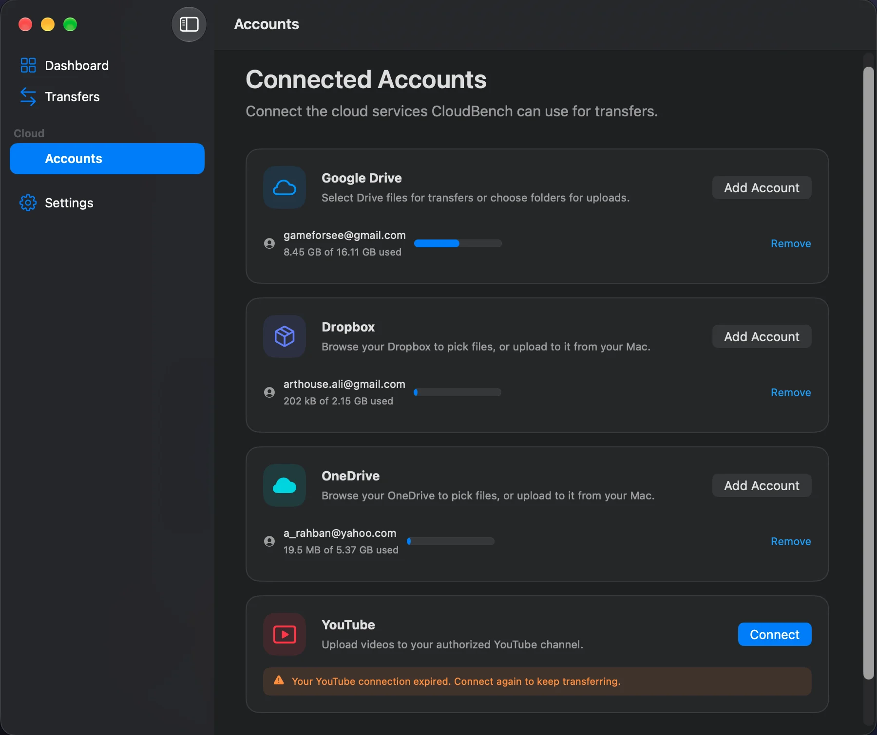 CloudBench Connected Accounts screen listing Google Drive, Dropbox, OneDrive and YouTube with storage usage bars for each connected account