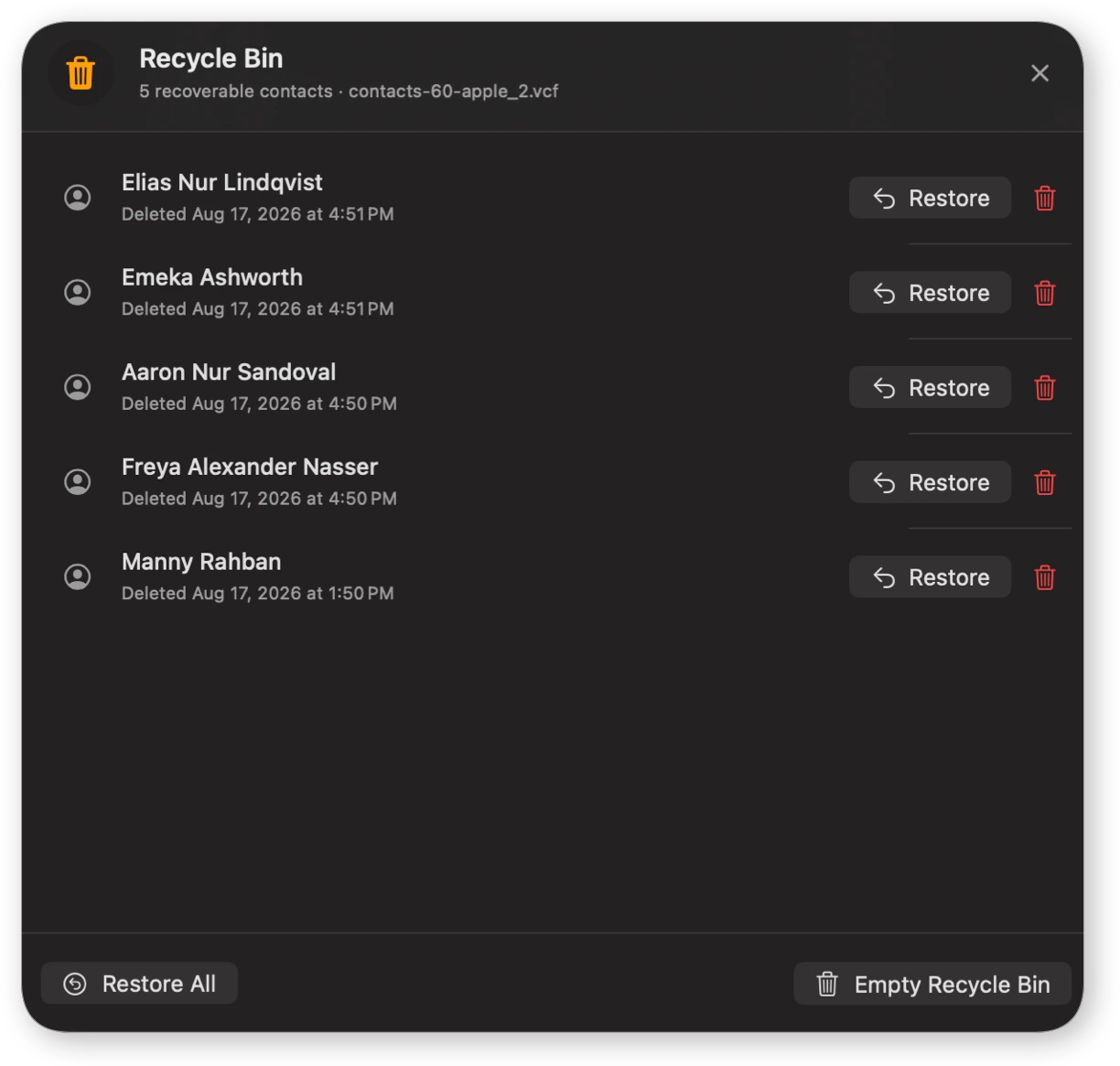 Contact Manager Recycle Bin showing recoverable deleted contacts