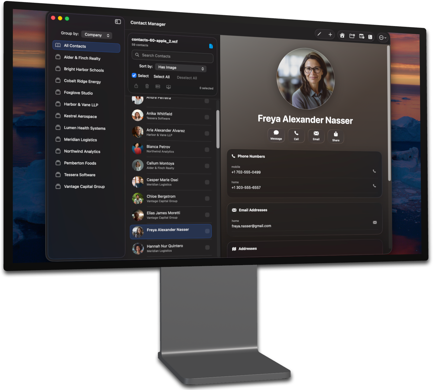 Contact Manager dashboard showing contact list and health insights on Mac