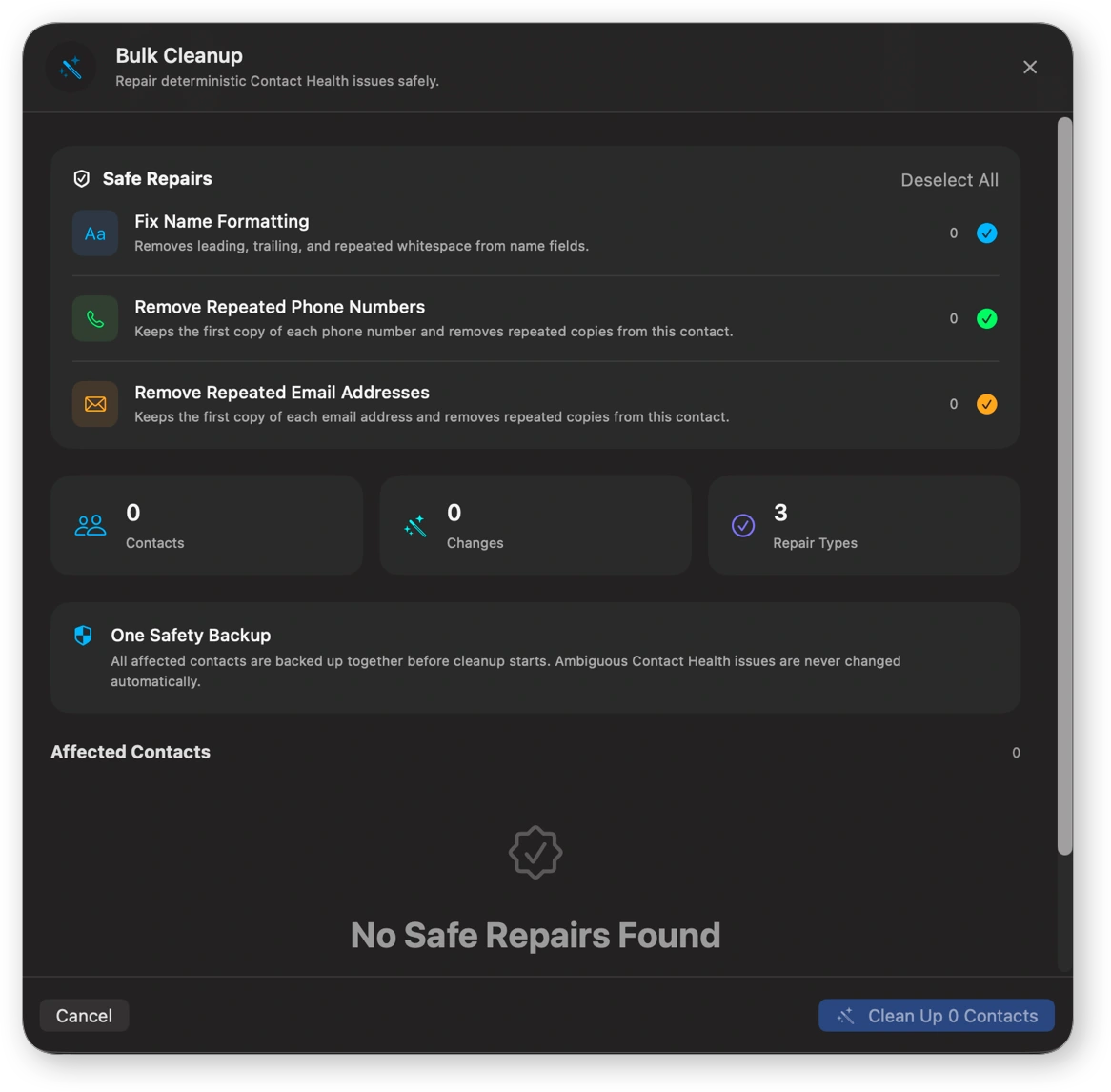 Contact Manager Bulk Cleanup panel with smart repair options