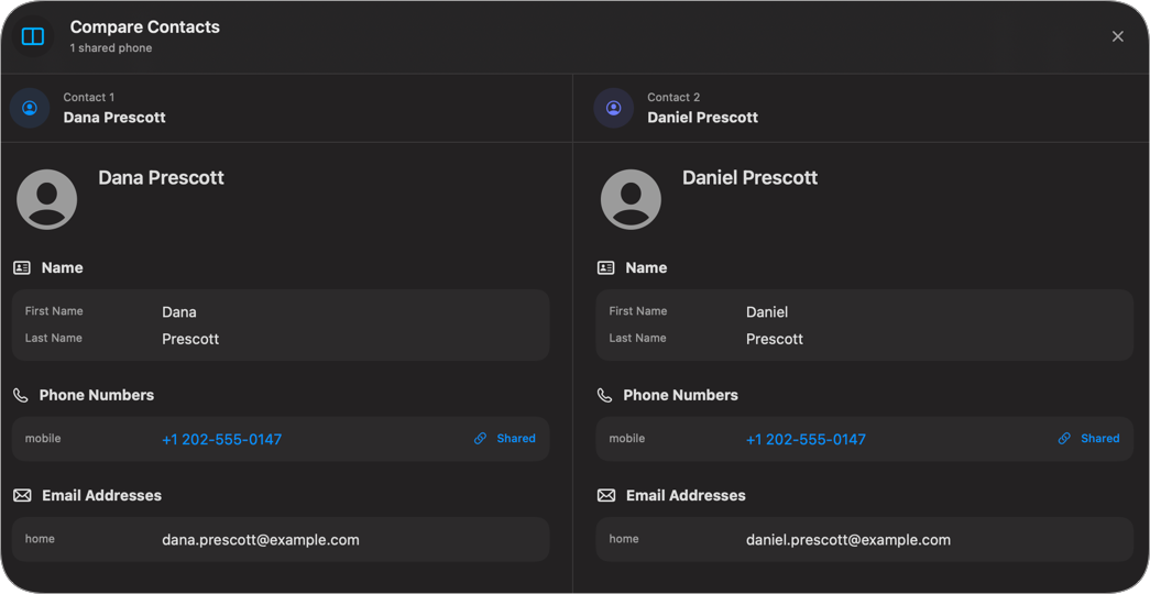 Contact Manager duplicate contacts comparison screen