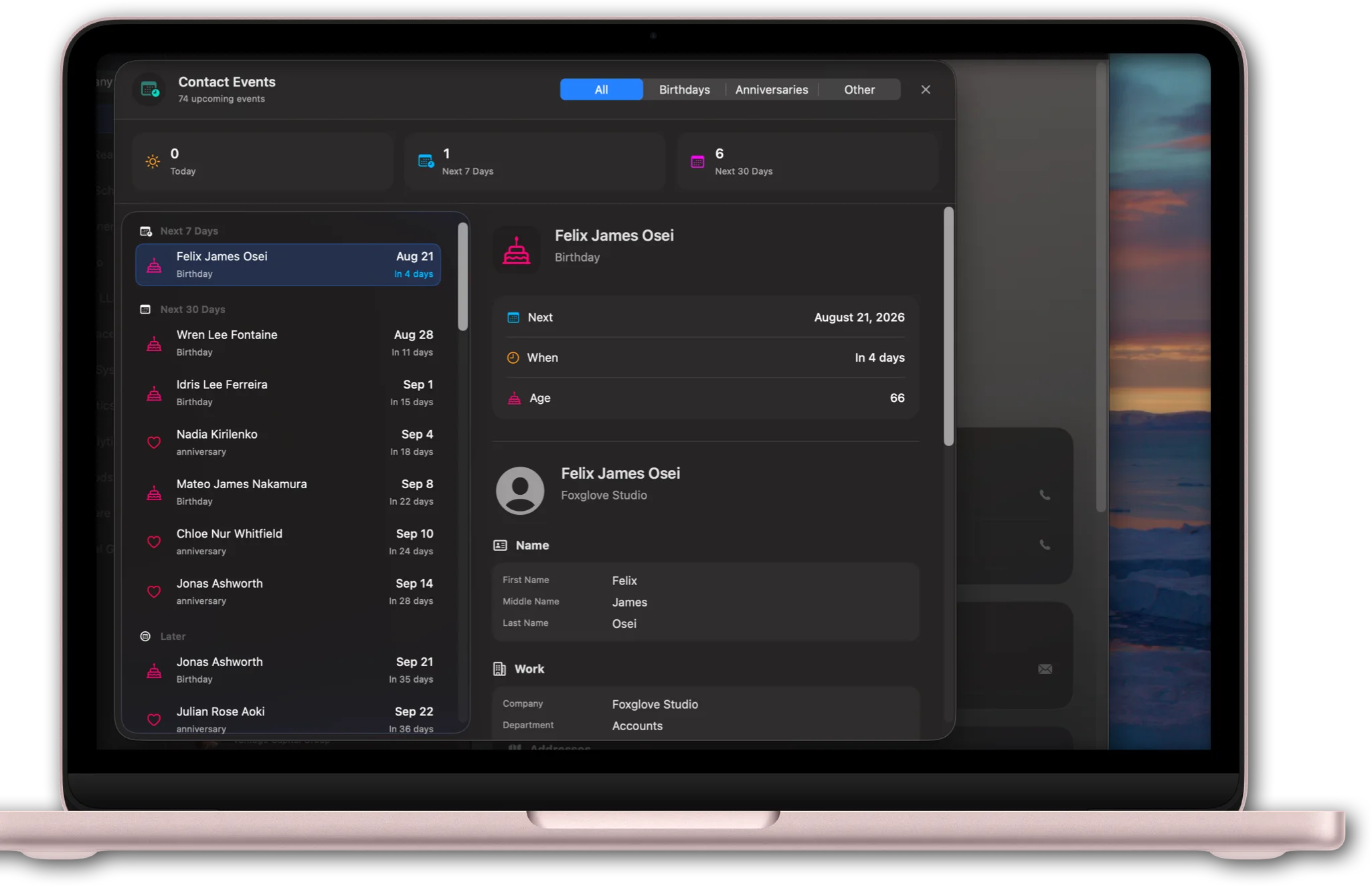Contact Manager Events dashboard showing birthdays and anniversaries