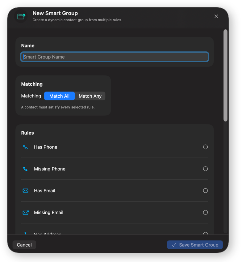 Contact Manager New Smart Group creation screen with rule logic