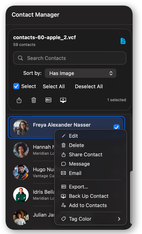 Contact Manager main interface and right-click context menu