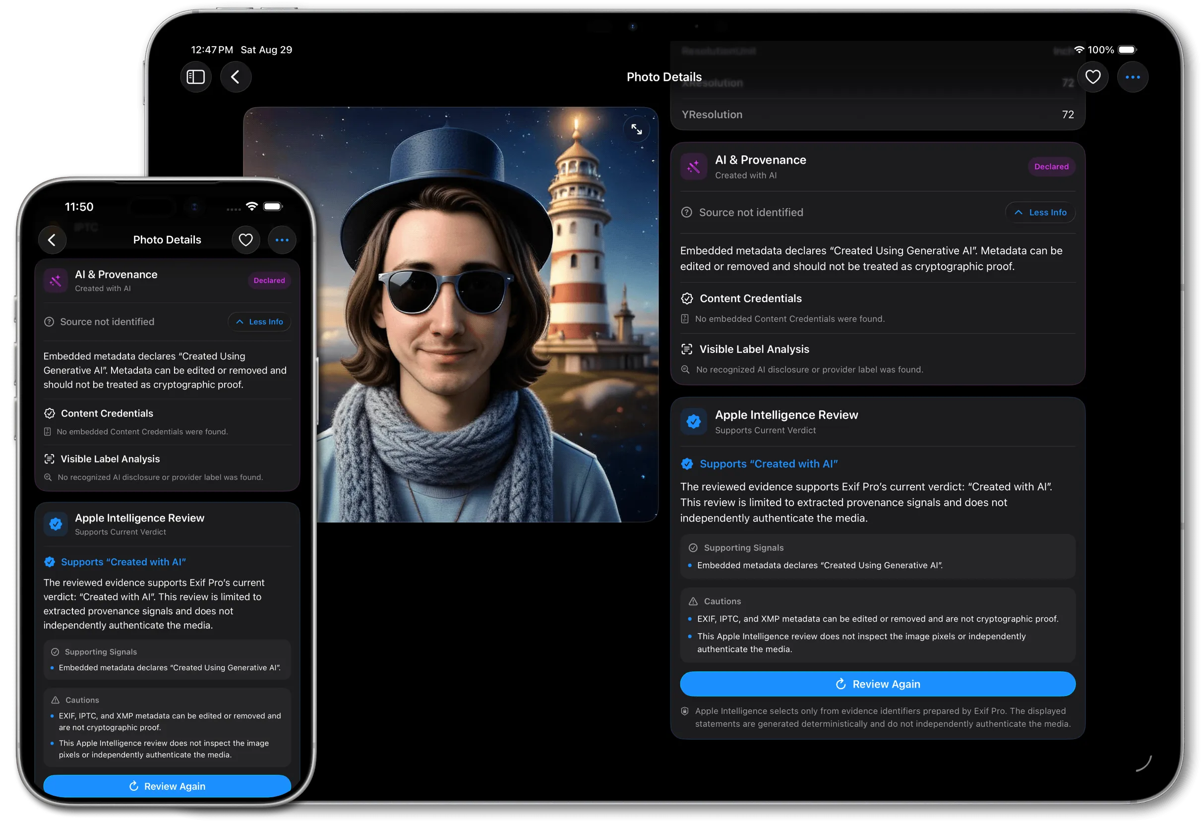 Exif Pro AI and Provenance analysis on iPhone and iPad with metadata evidence, Content Credentials, visible label analysis and Apple Intelligence review