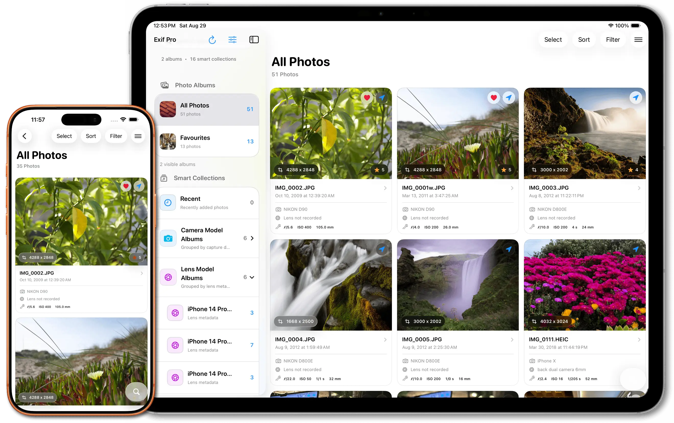 Exif Pro detailed album view on iPhone and iPad showing photo thumbnails, camera information, image dimensions, exact capture dates, ratings and status tags