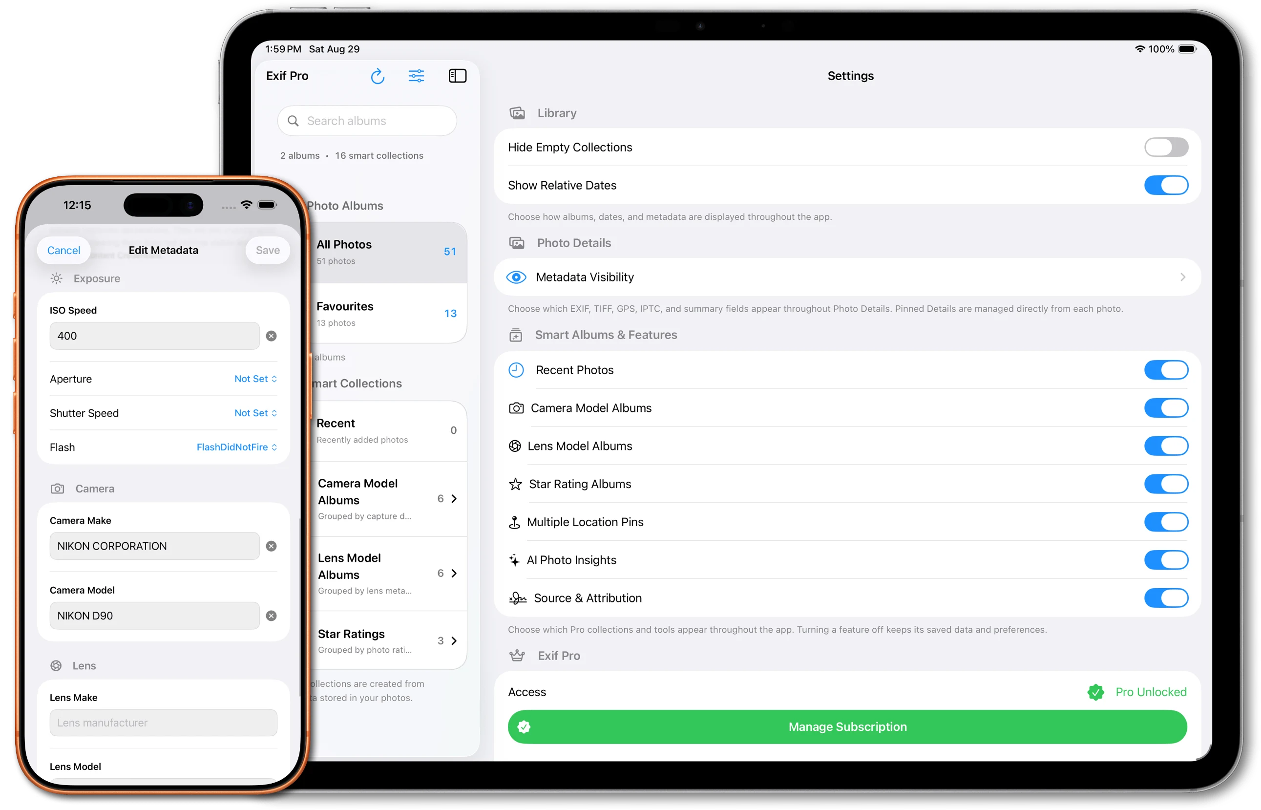Exif Pro Settings and Edit Metadata screens on iPad and iPhone