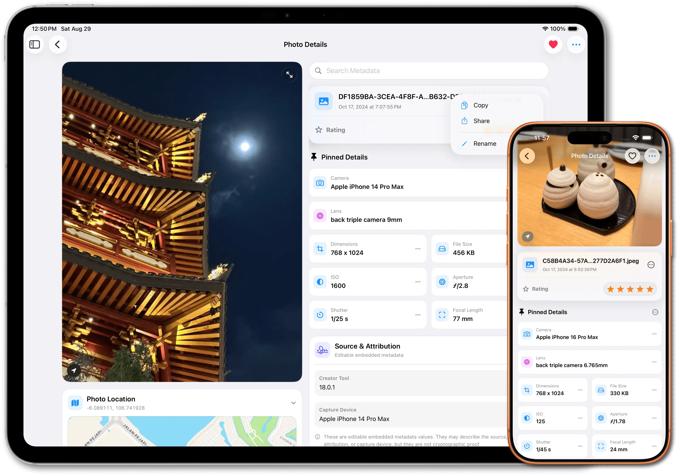 Exif Pro Photo Details view on iPad and iPhone showing a photo preview, rating, pinned camera and lens information, dimensions, file size, ISO, aperture, shutter speed and focal length