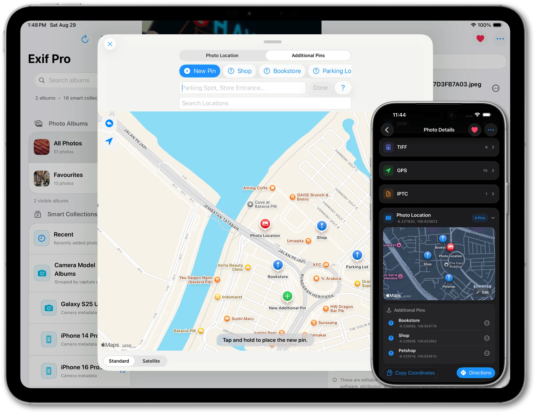 Exif Pro location tools on iPad and iPhone showing multiple named map pins, copy coordinates and directions