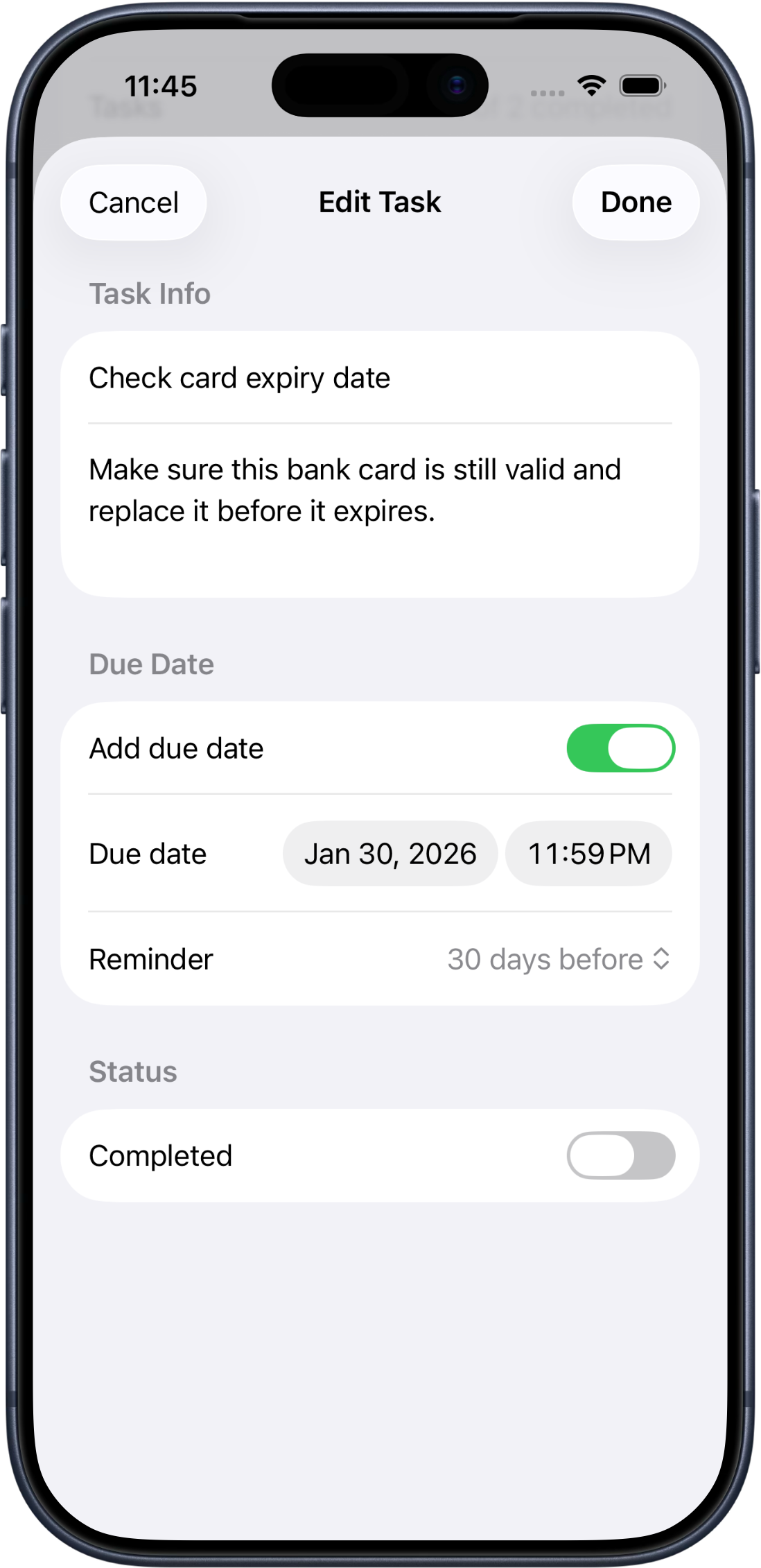 FileCue edit task screen with due date and reminder options