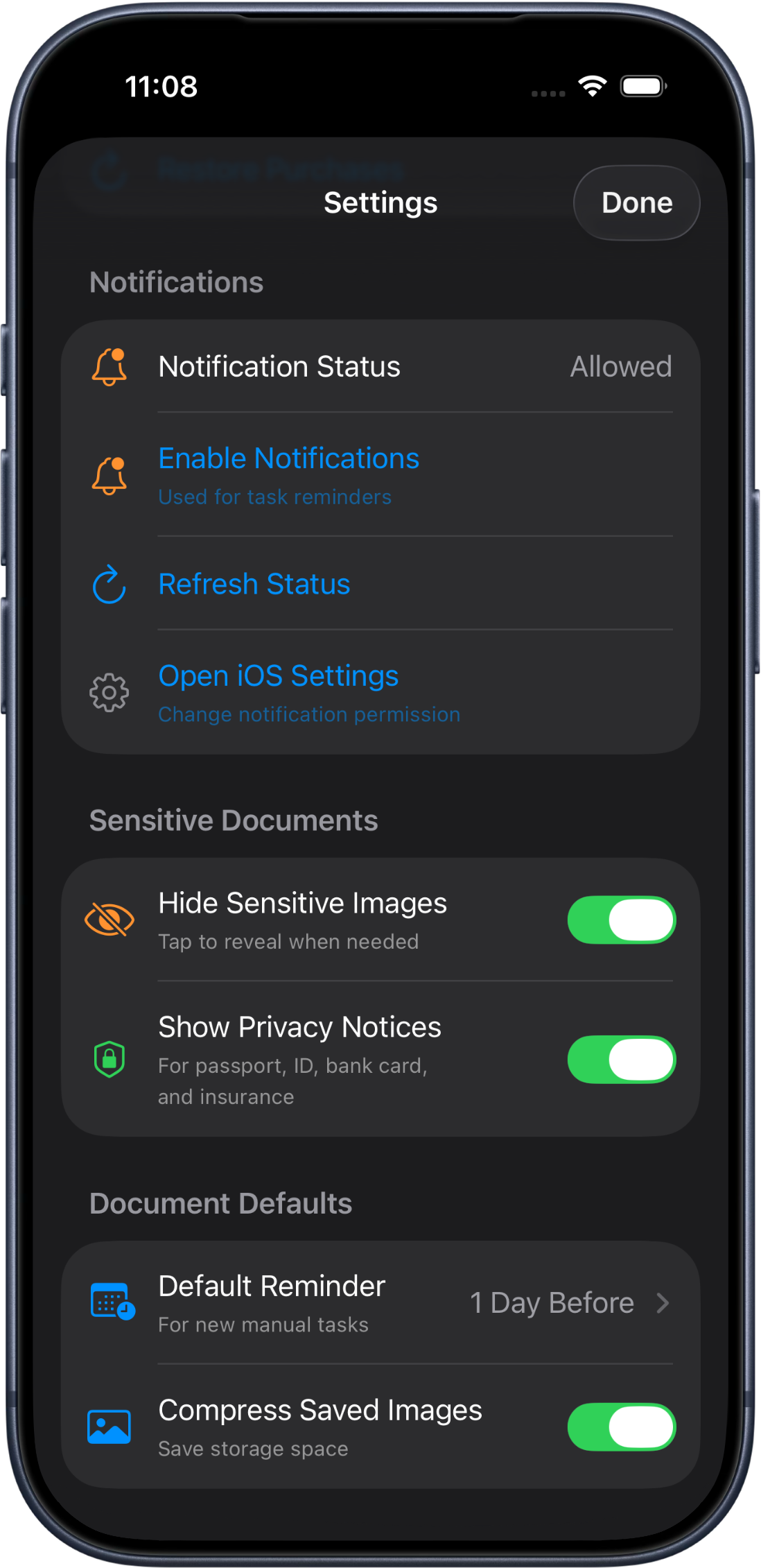 FileCue settings screen with notification and sensitive document options
