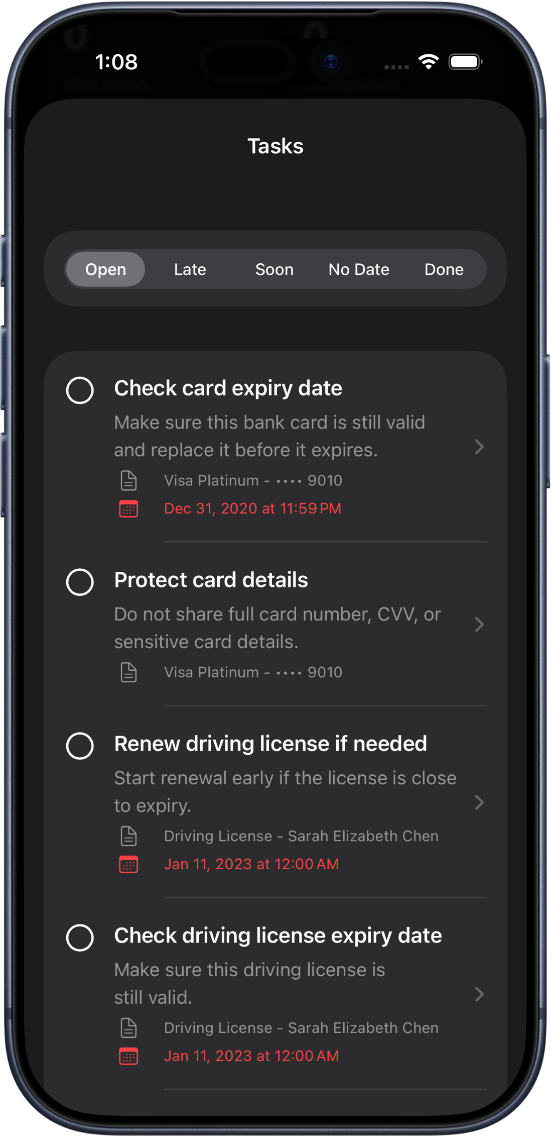 FileCue task list filtered by open tasks