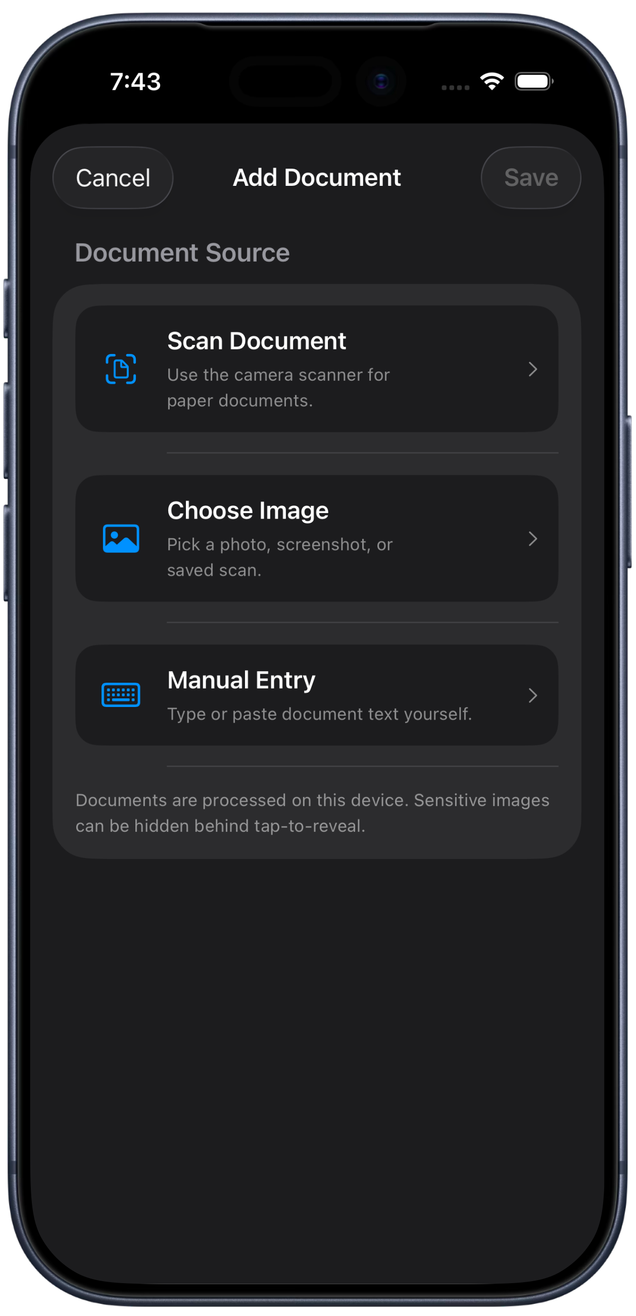 FileCue add document screen with scan, choose image and manual entry options