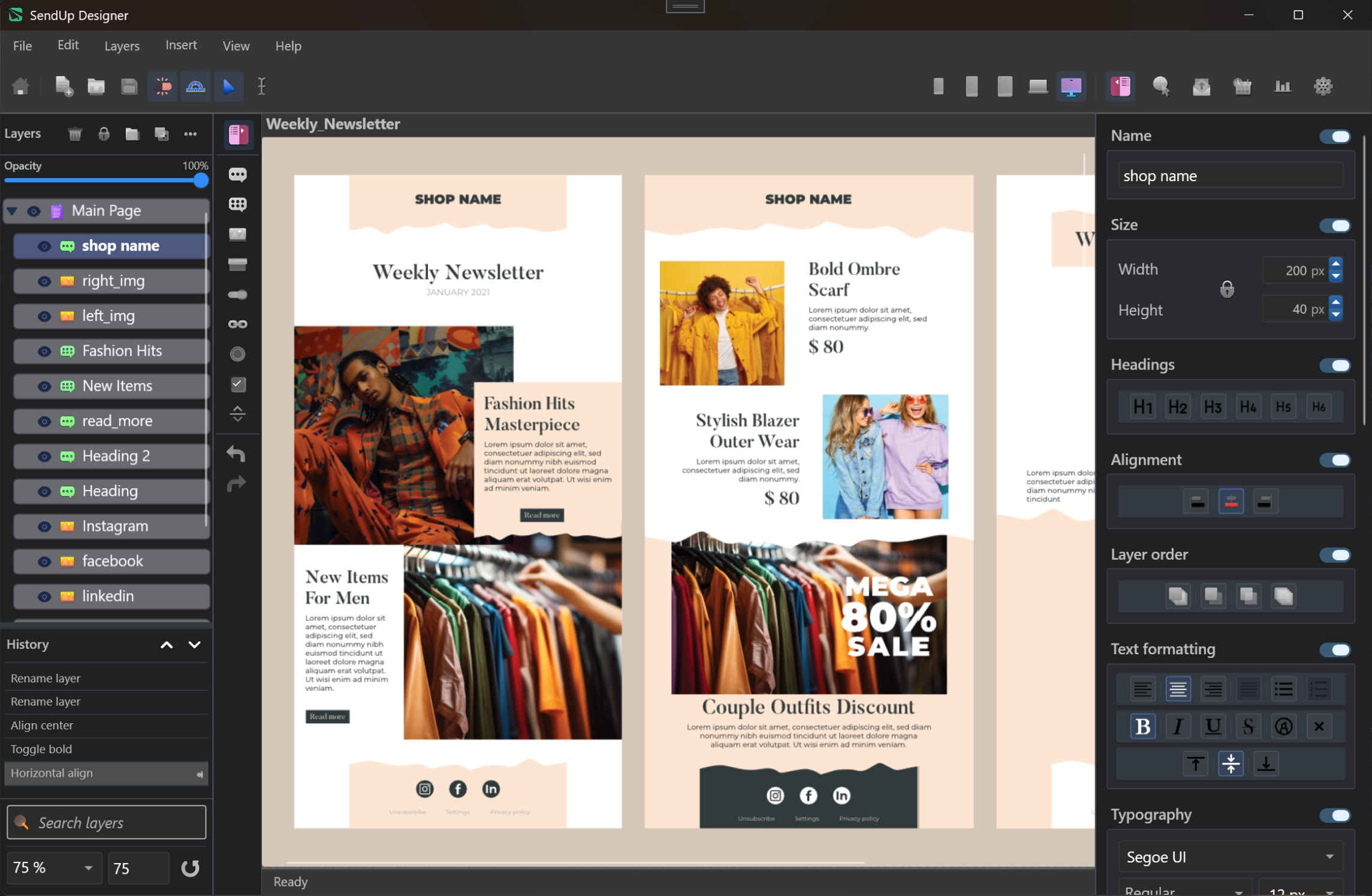 SendUp responsive HTML design studio interface with canvas, layer panel and visual property editor