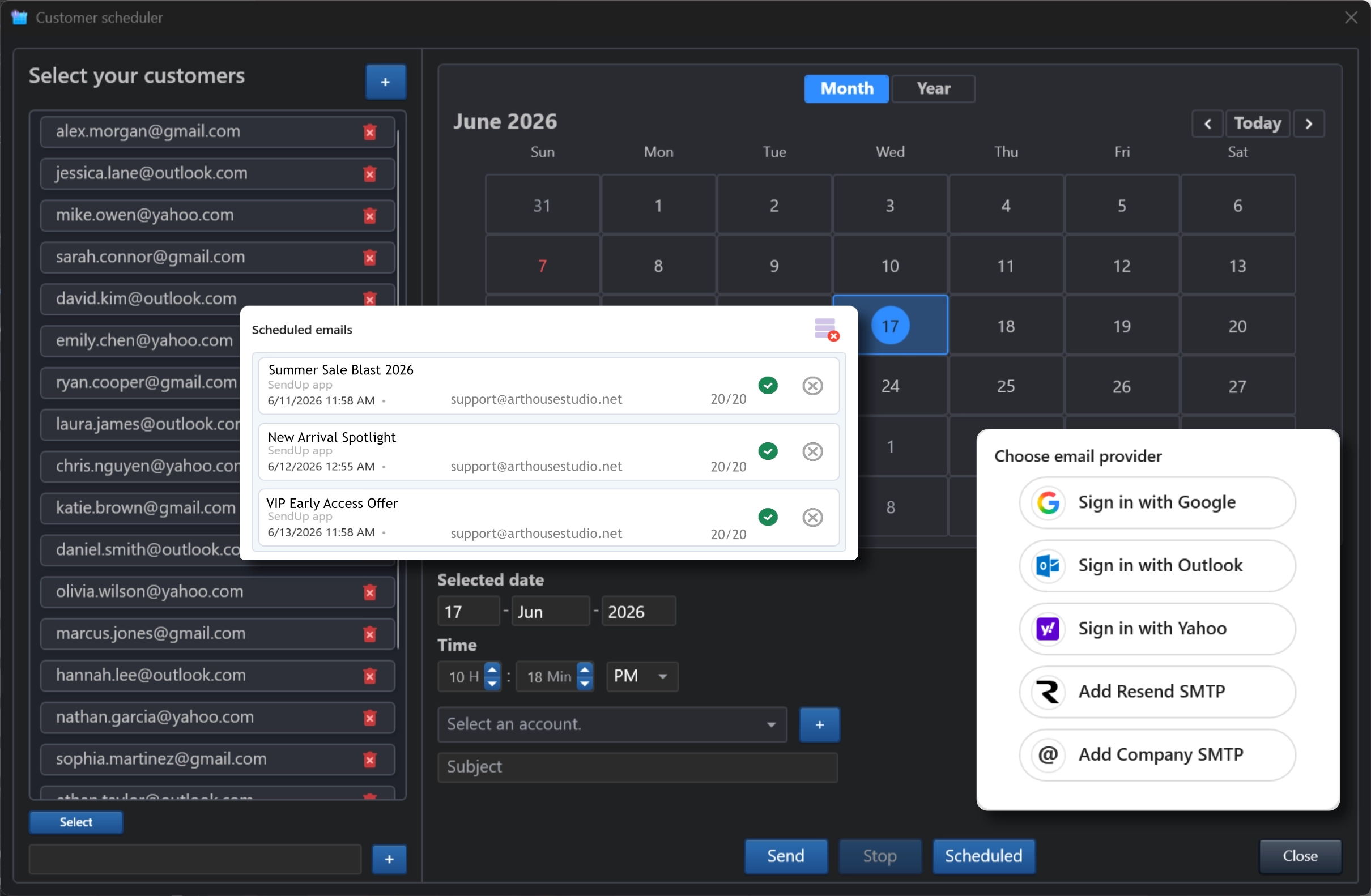SendUp customer scheduler with provider account choices and scheduled emails