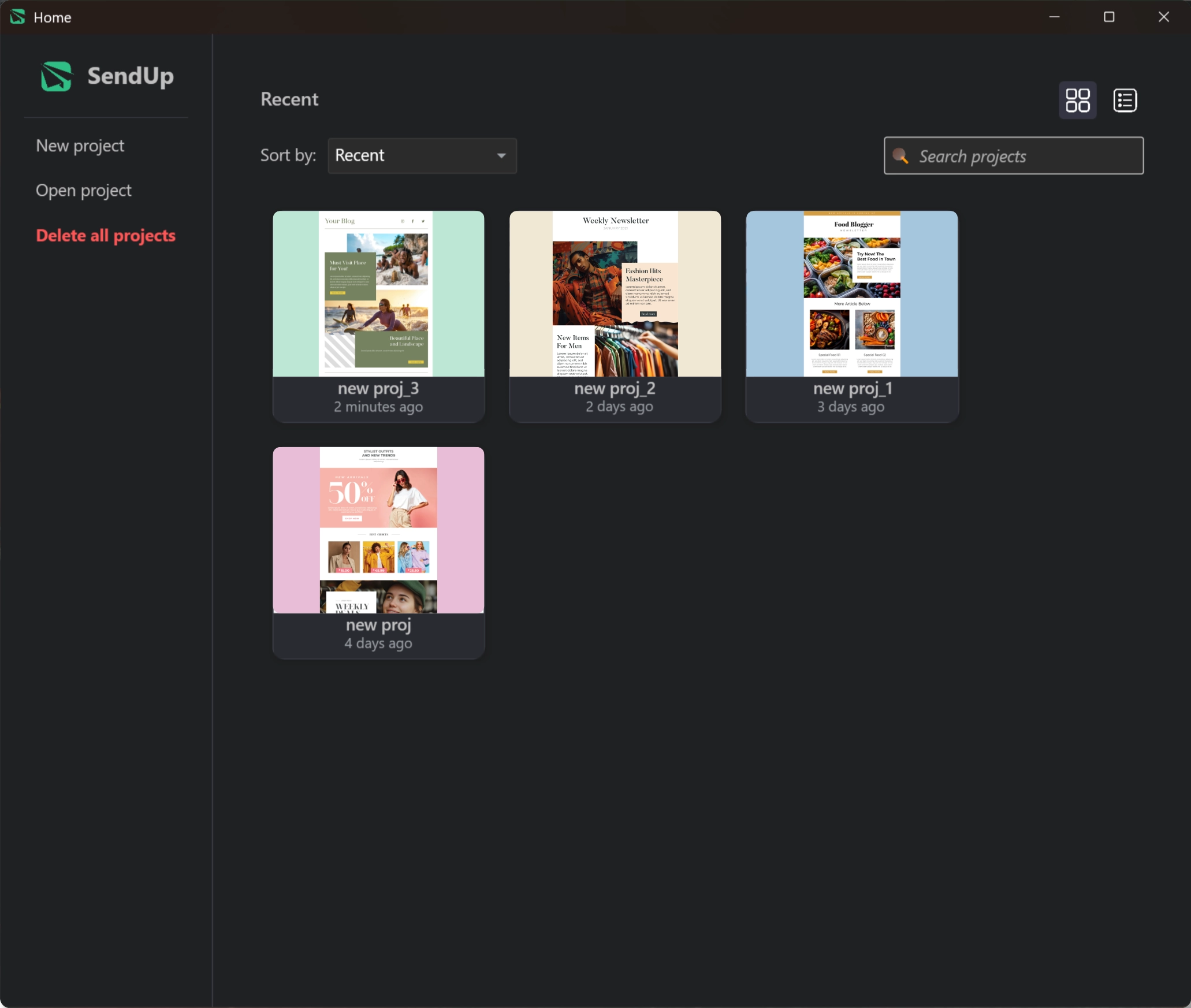 SendUp workspace with recent projects and dark mode