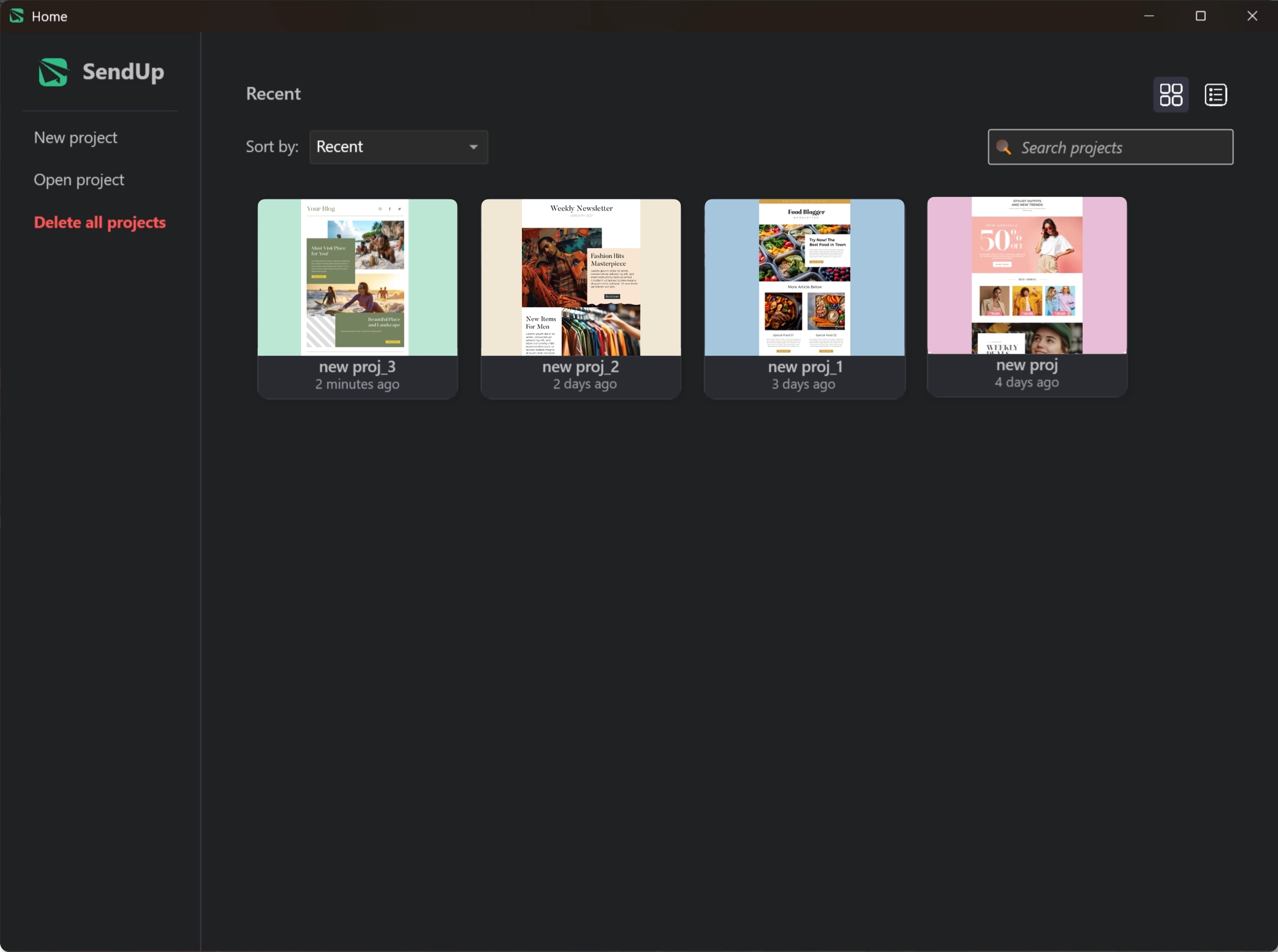 SendUp workspace with recent projects and dark mode