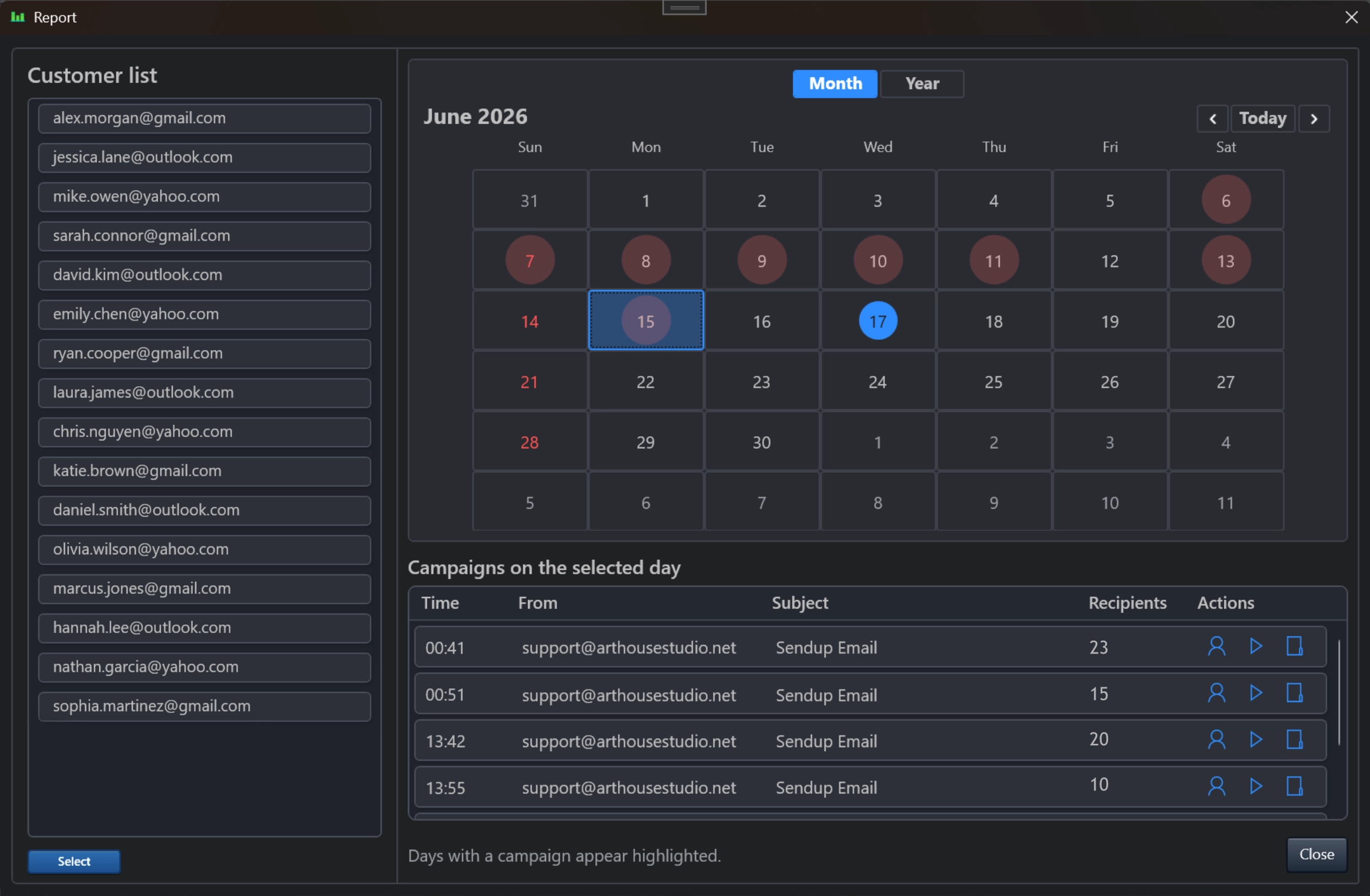 SendUp report page showing color-coded campaign calendar and recipient table