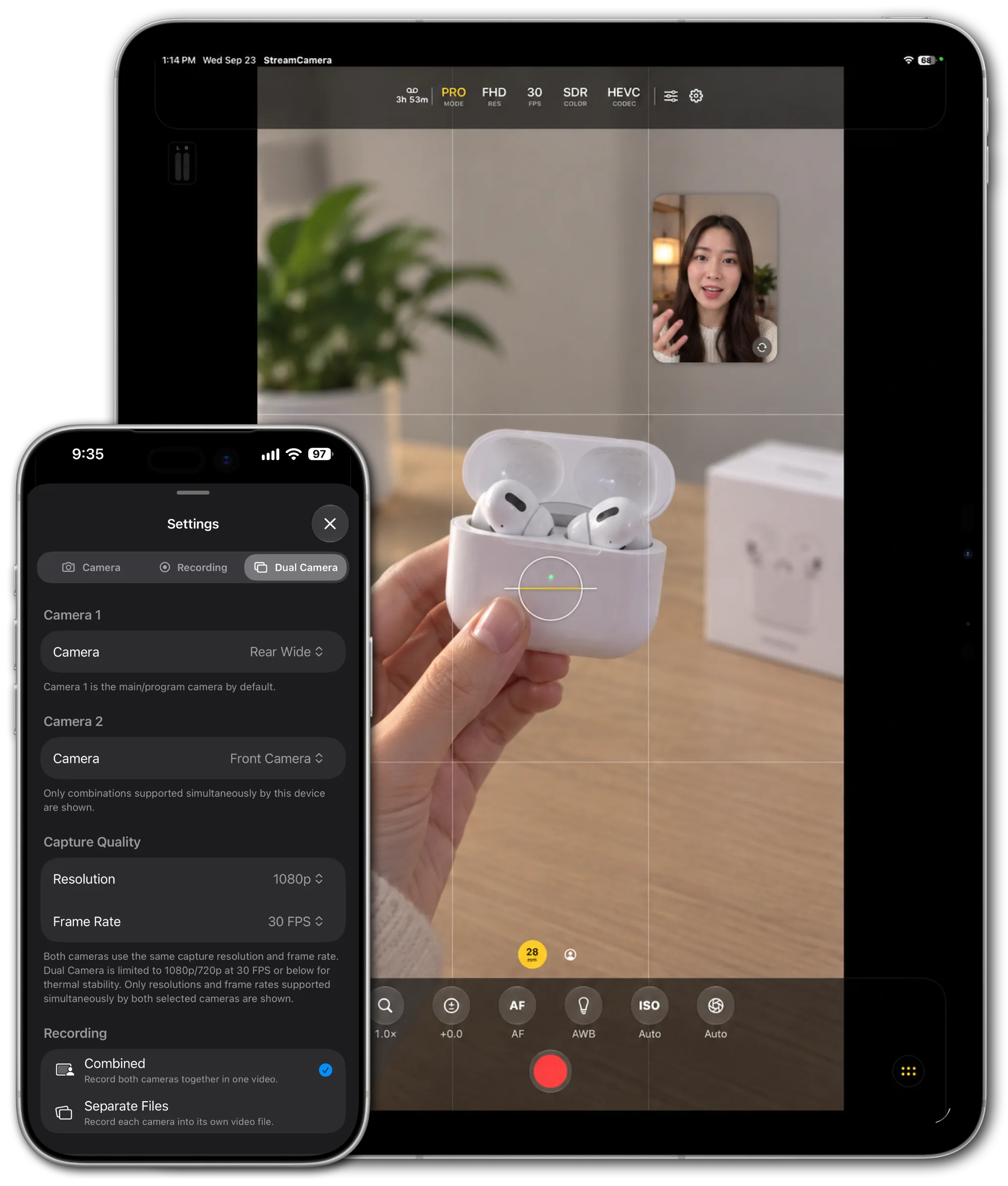 StreamCamera Dual Camera mode on iPhone and iPad showing two cameras, movable picture-in-picture preview, lens selection and dual-camera recording options