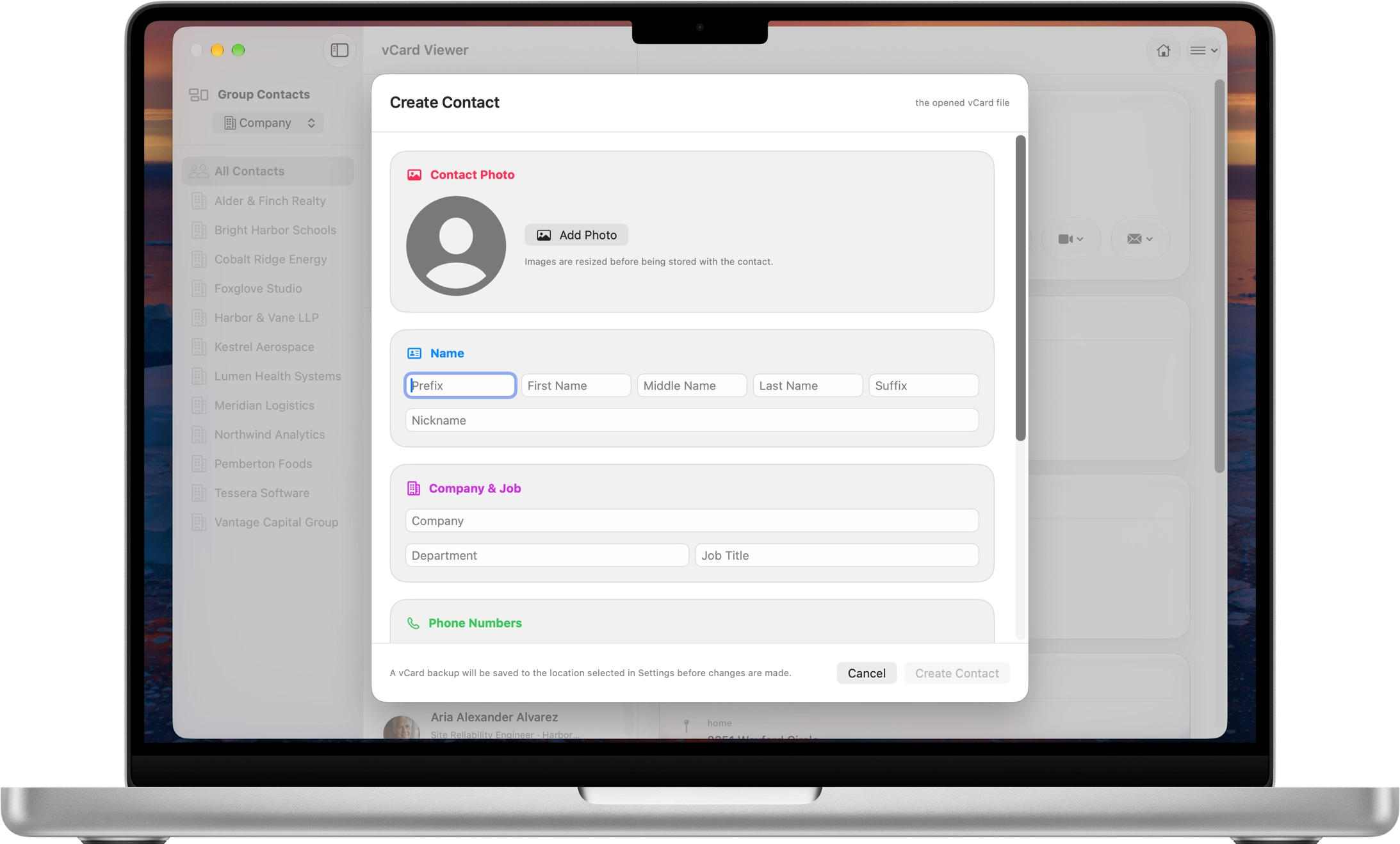 vCard Viewer Create Contact editor with contact photo, name, company, job information and multiple contact fields