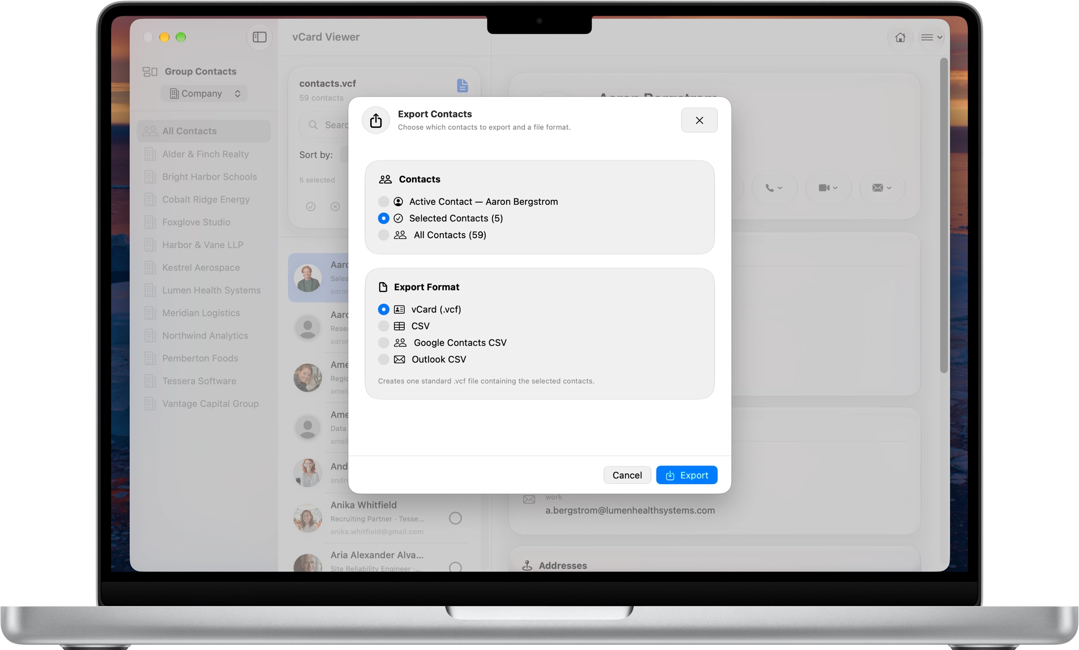 vCard Viewer Export Contacts window with active, selected and all contact choices and VCF, CSV, Google Contacts CSV and Outlook CSV export formats