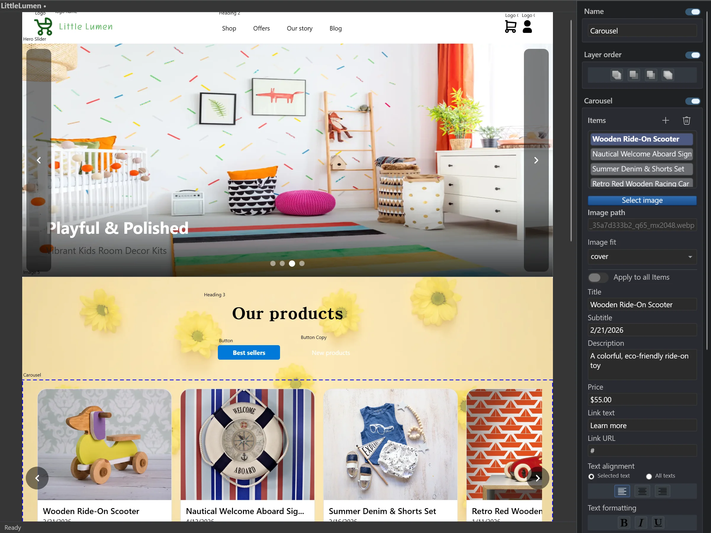 Websitefy advanced elements panel for navigation bars, footers, hero sliders and carousels