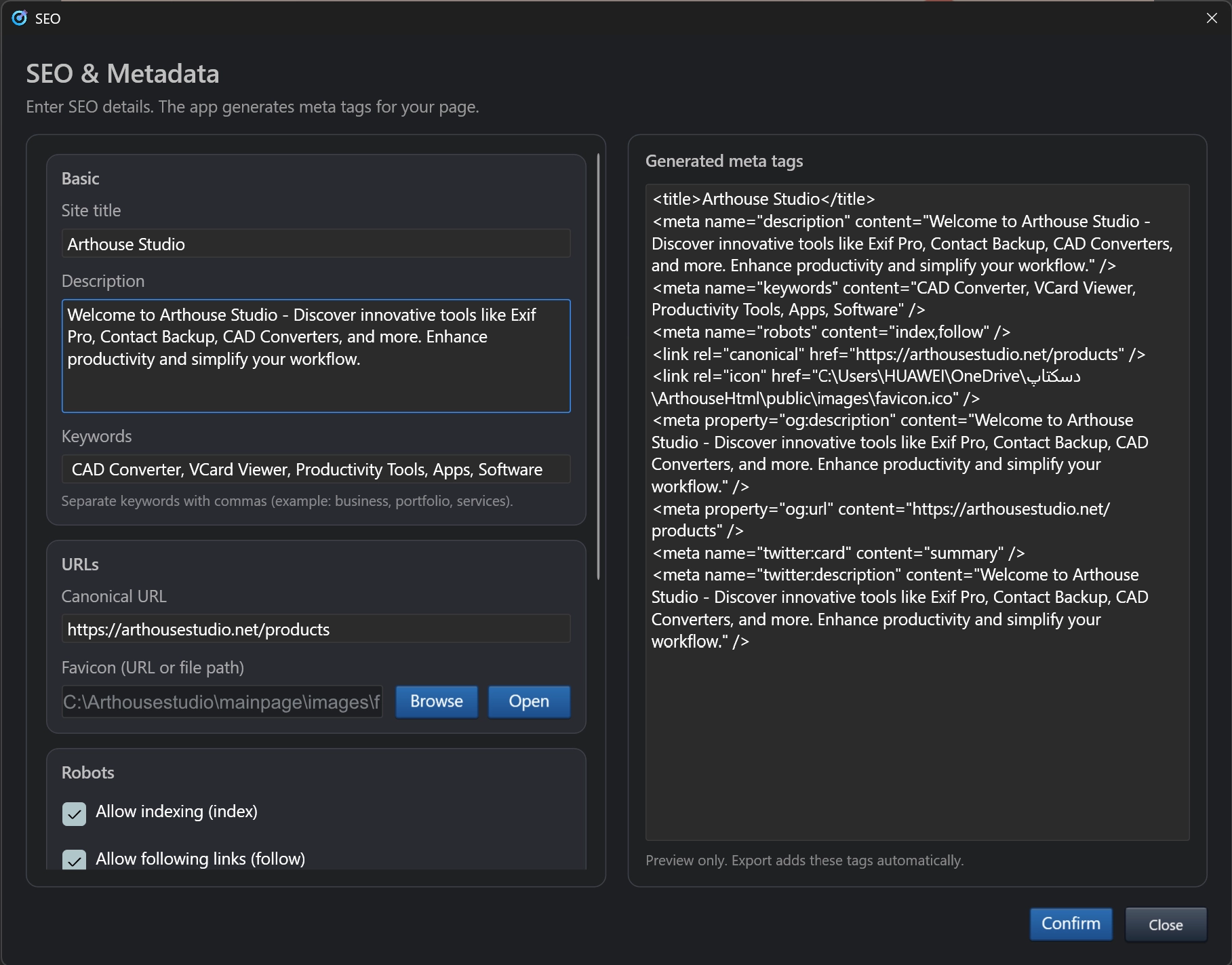 Websitefy SEO panel for page title, description and page metadata