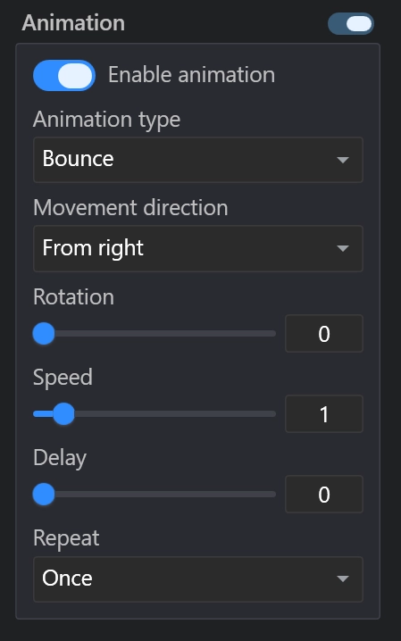 Websitefy animation settings panel with scroll-triggered motion preview