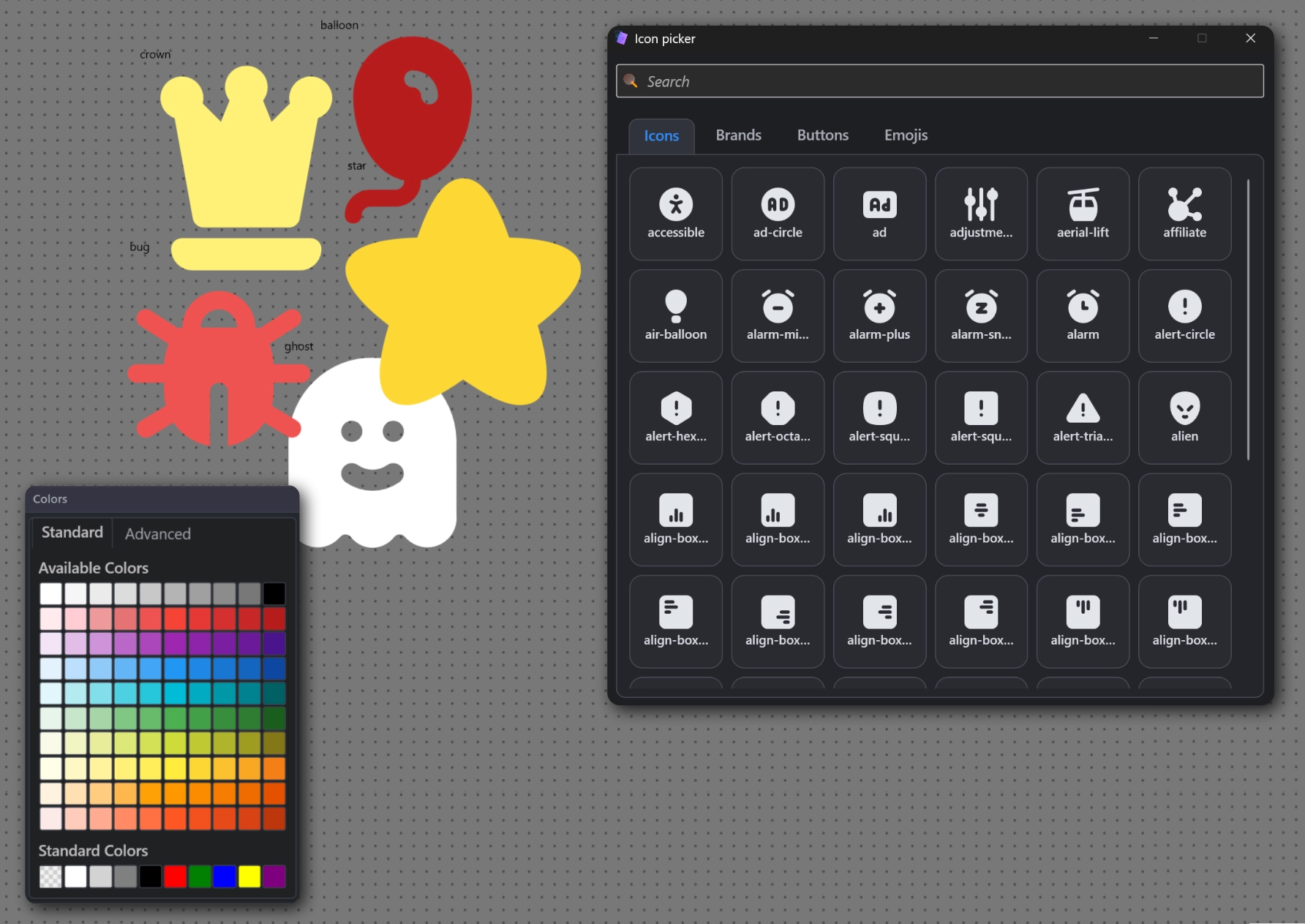 Websitefy icon picker with editable SVG icons and PNG emojis