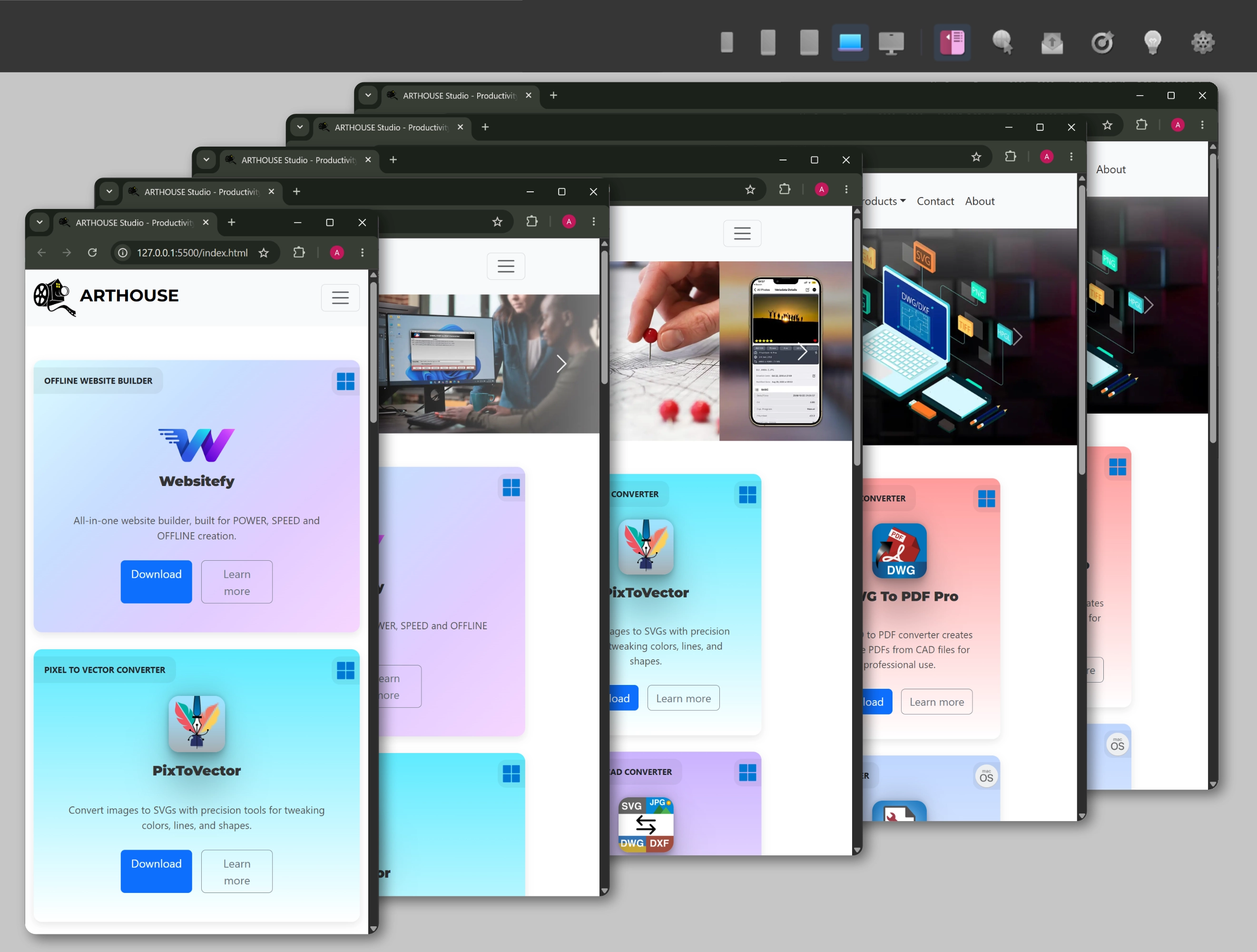 Websitefy responsive screen size buttons for XS SD MD LG and XL layouts